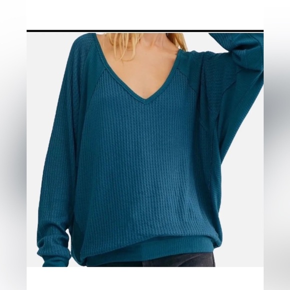 We The Free Teal Ribbed Knit Blouse V-Neck oversized long-sleeve XS baggy - Picture 1 of 11
